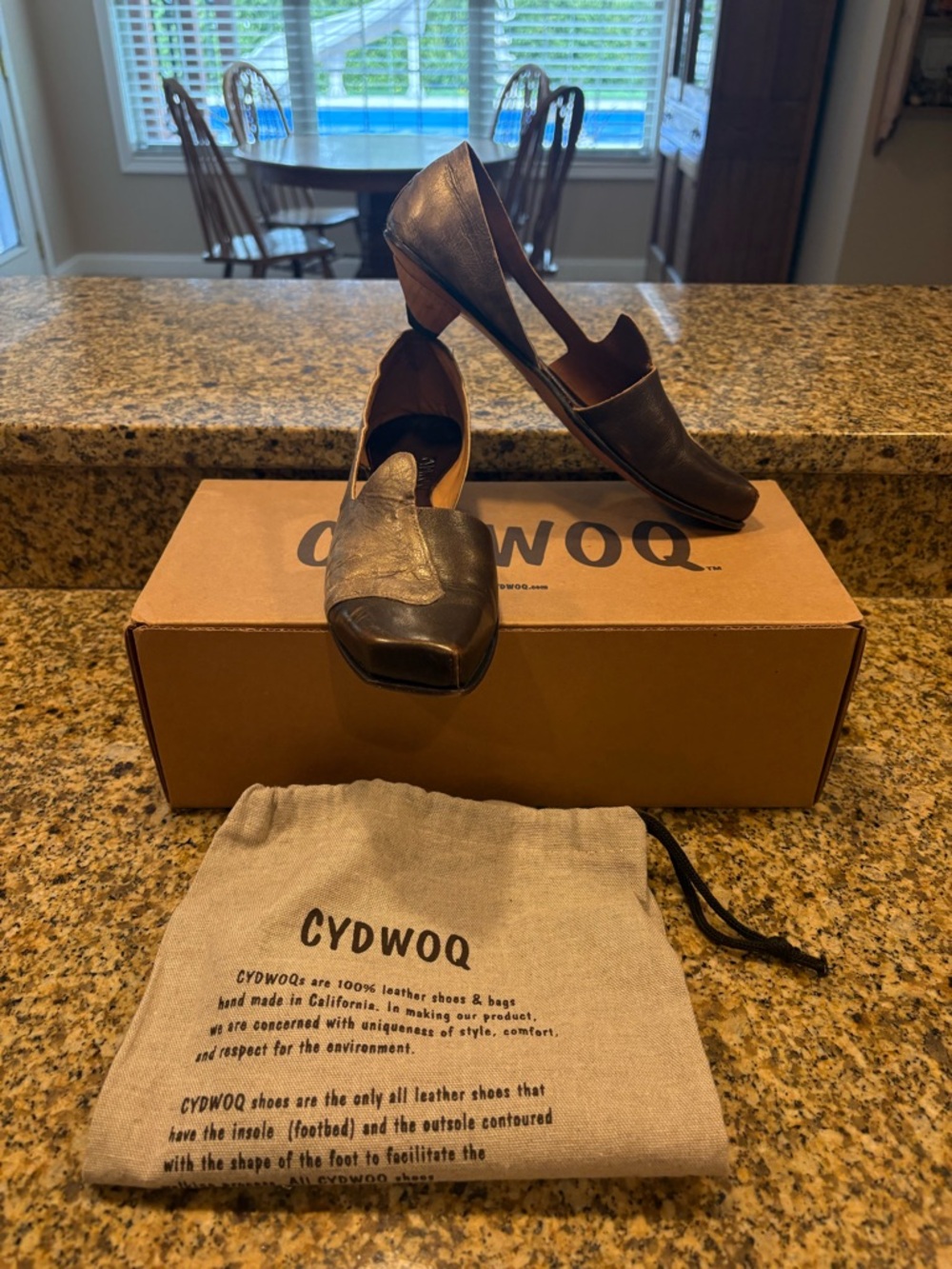 CYDWOQ Kitten Heels Open Leather Casual Shoes 37 Brown Gold Handmade US 7 box